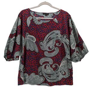 Glam Printed Blouse Small Red Blue Paisley Short Puff Sleeve Colorful Office Top